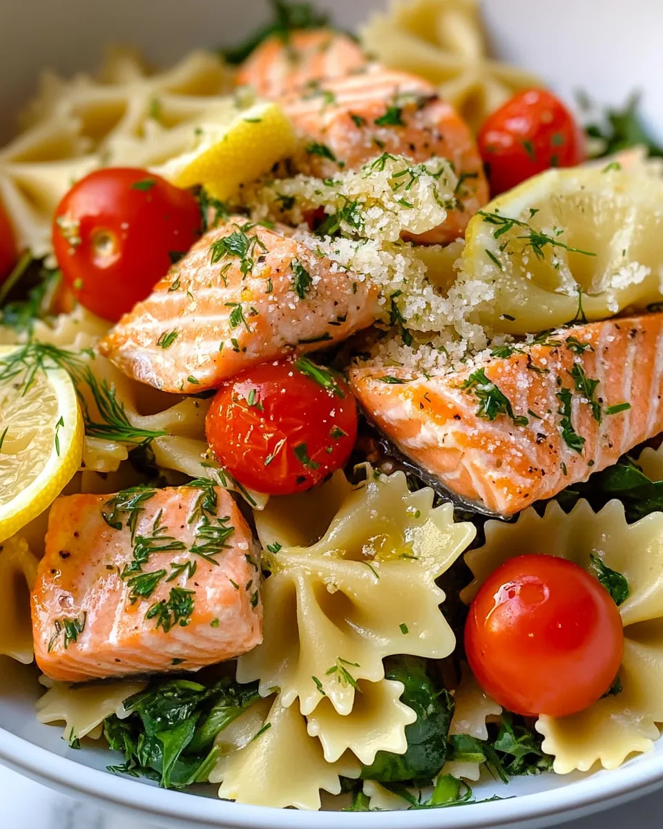 Easy Lemon Dill Salmon Bowtie Pasta food shot