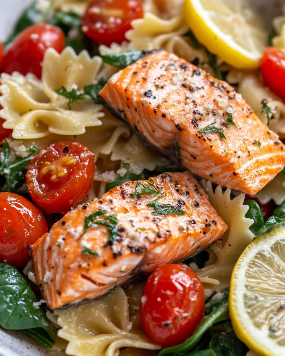 Delicious Lemon Dill Salmon Bowtie Pasta picture