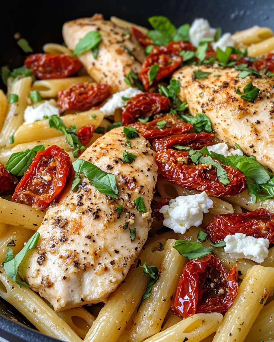 Easy Mediterranean Chicken Pasta with Sun-Dried Tomatoes food shot