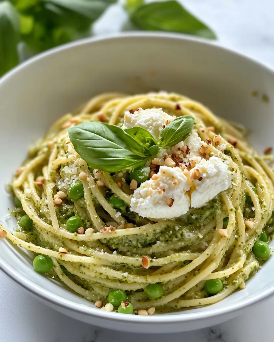 Homemade Pesto Pea and Burrata Spaghetti recipe photo