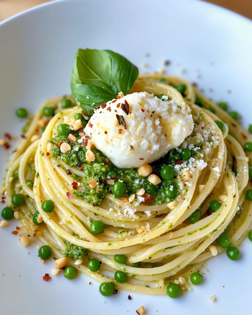 Classic Pesto Pea and Burrata Spaghetti dish photo