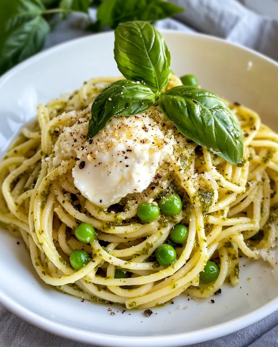 Easy Pesto Pea and Burrata Spaghetti food shot
