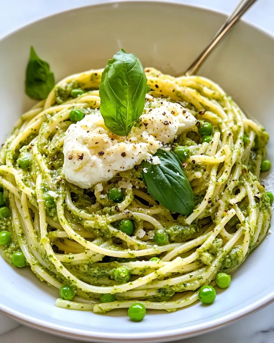Delicious Pesto Pea and Burrata Spaghetti plate image