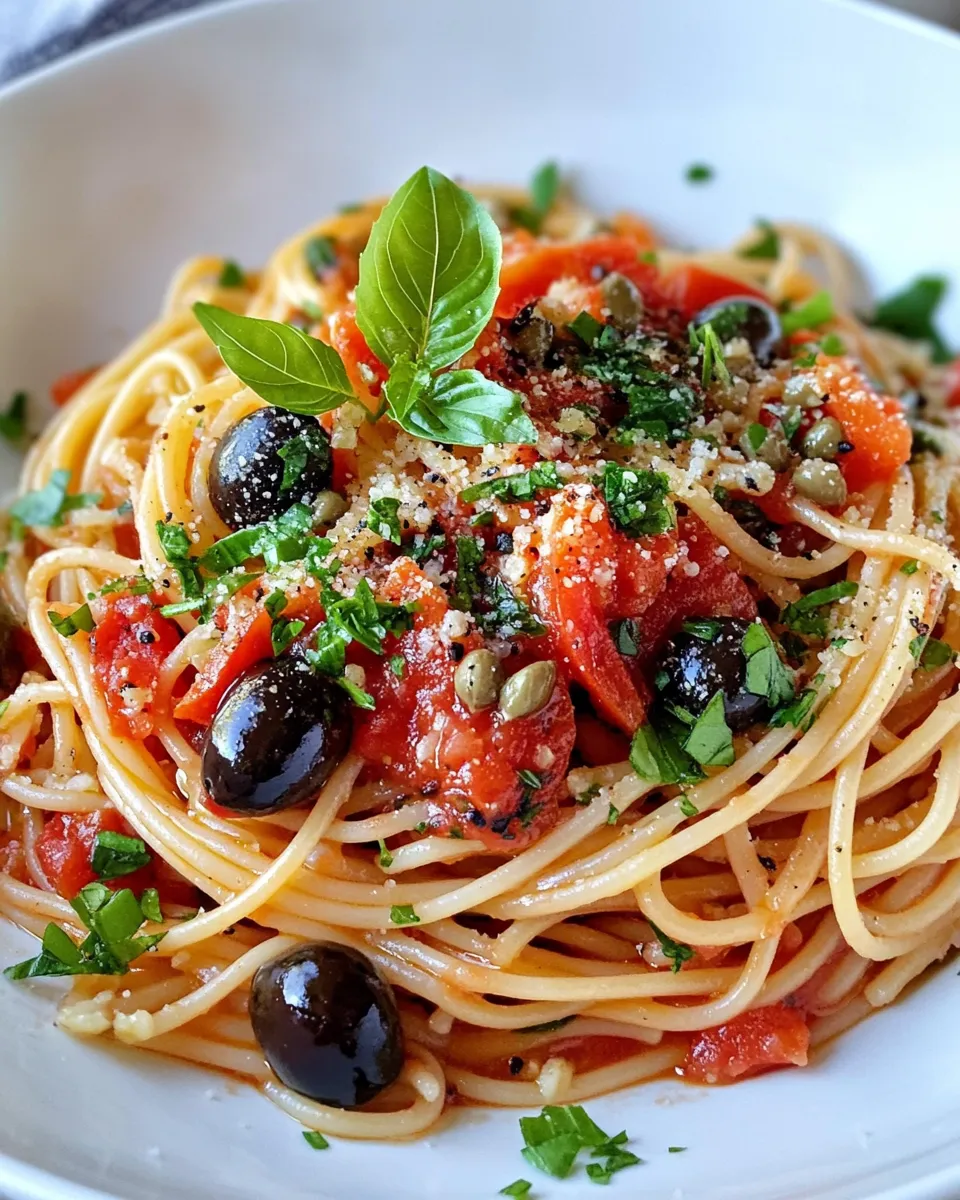 Easy Puttanesca-Style Spaghetti with Olives & Capers food shot
