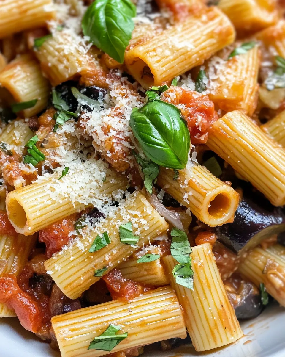 Easy Roasted Eggplant Pomodoro Rigatoni food shot