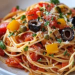 Homemade Roasted Pepper and Olive Puttanesca Spaghetti dish photo