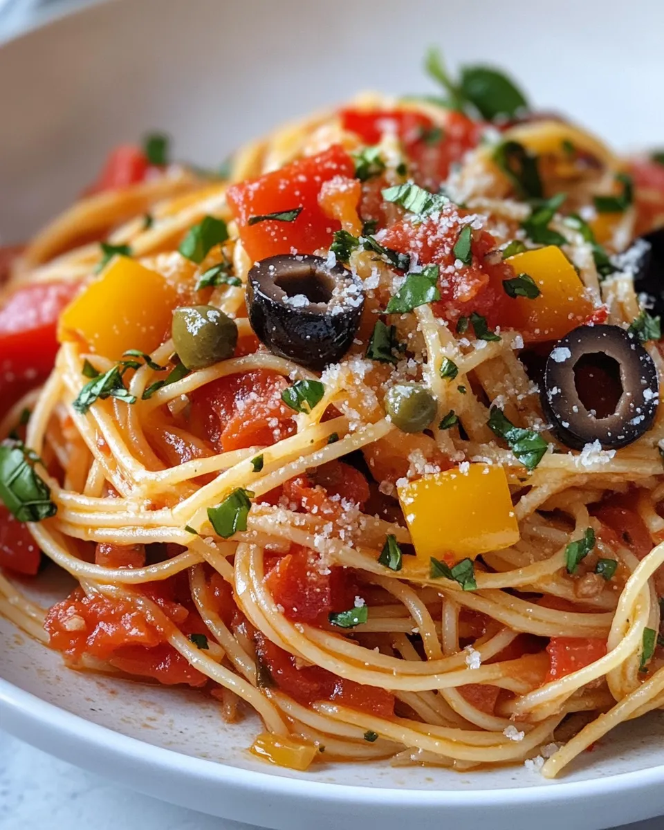Homemade Roasted Pepper and Olive Puttanesca Spaghetti dish photo