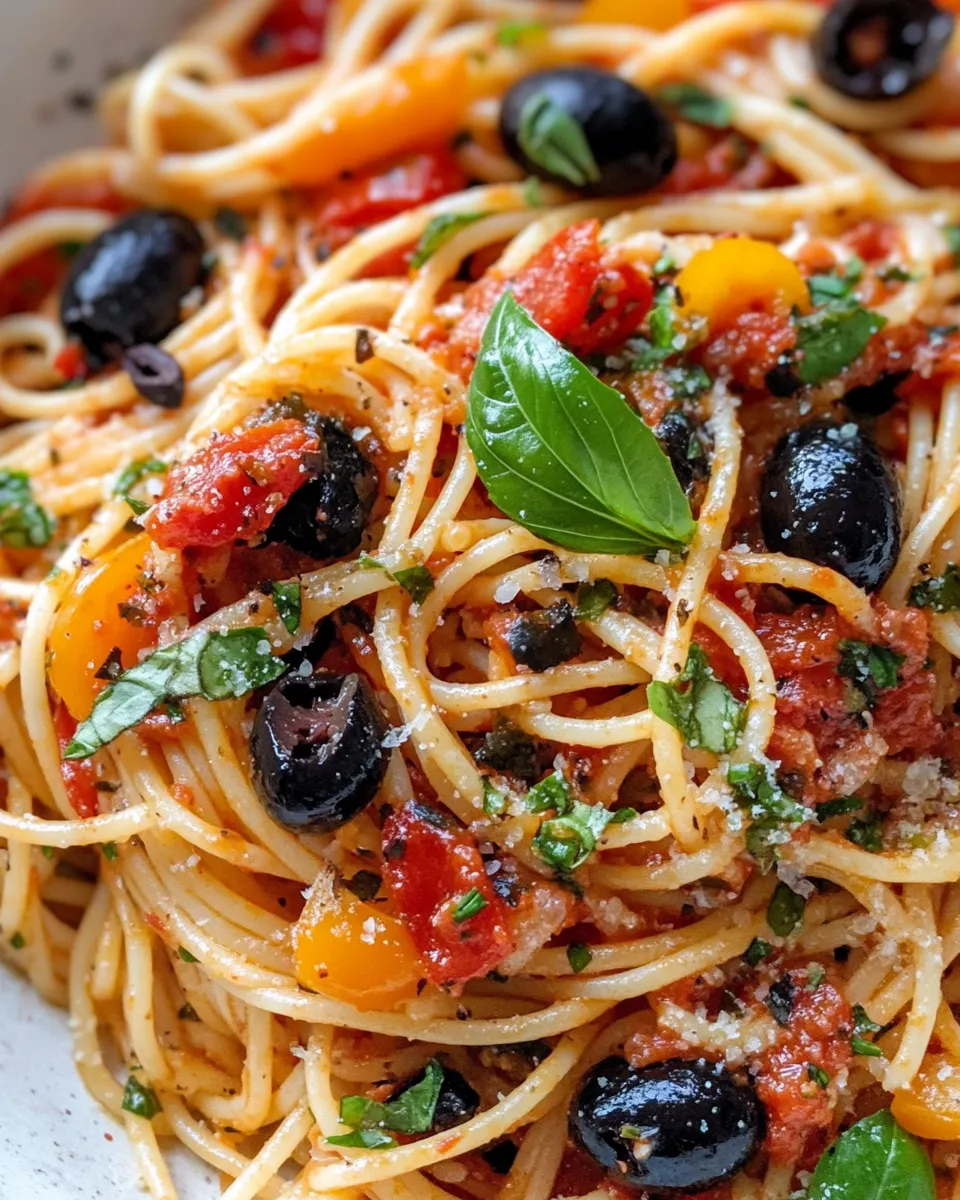 Classic Roasted Pepper and Olive Puttanesca Spaghetti recipe image