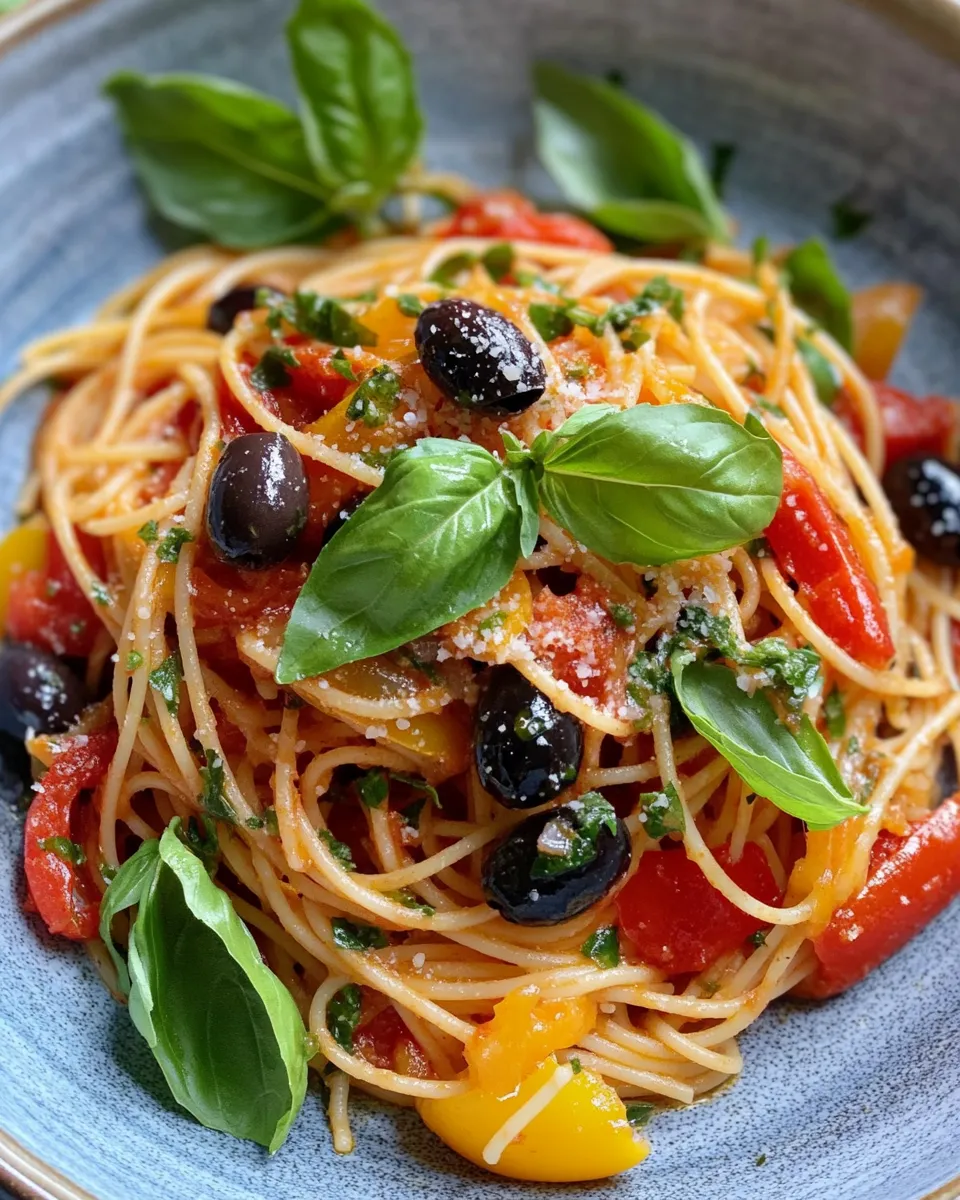 Easy Roasted Pepper and Olive Puttanesca Spaghetti food shot