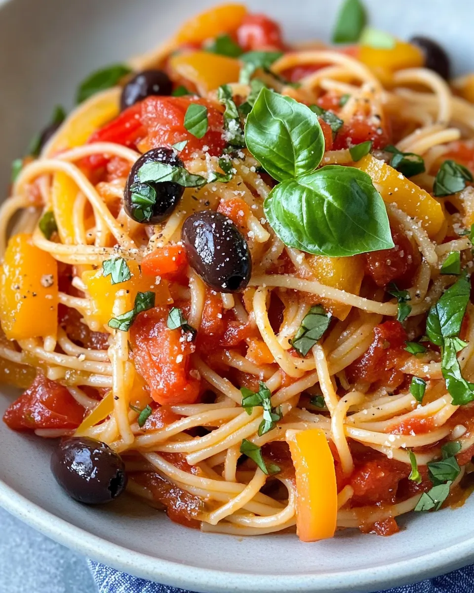 Delicious Roasted Pepper and Olive Puttanesca Spaghetti photo