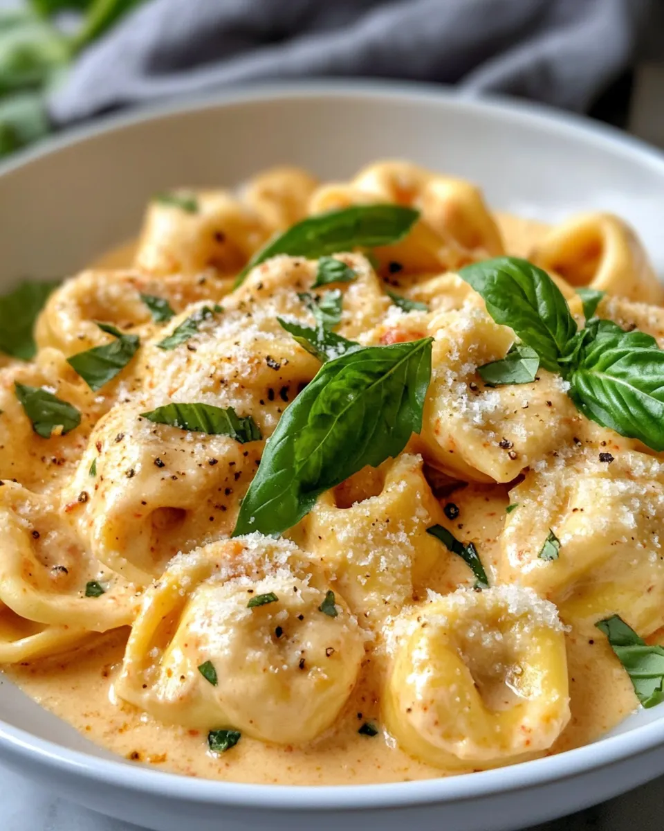 Easy Roasted Red Pepper Alfredo Tortellini food shot