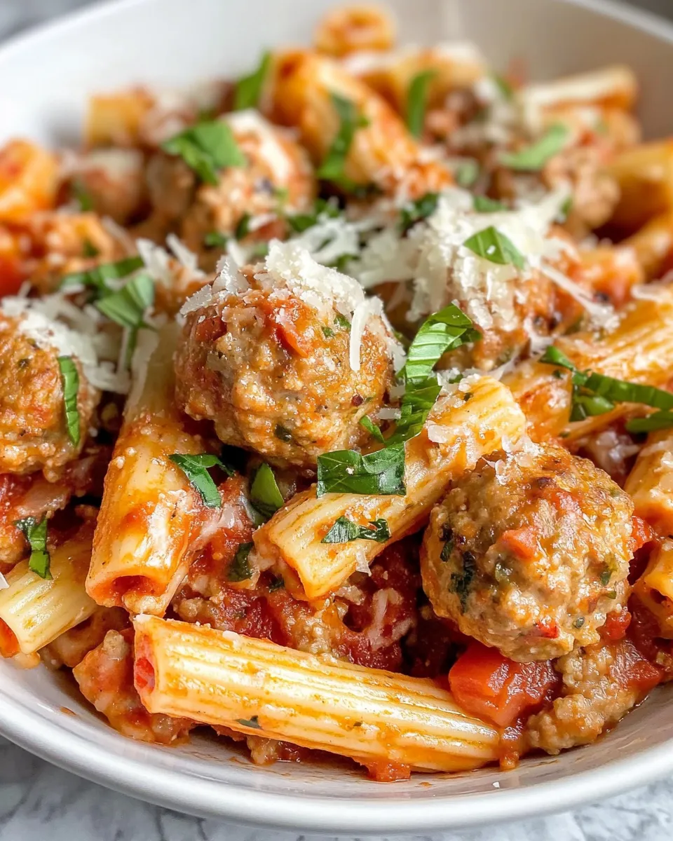 Easy Roasted Red Pepper Turkey Meatball Ziti food shot