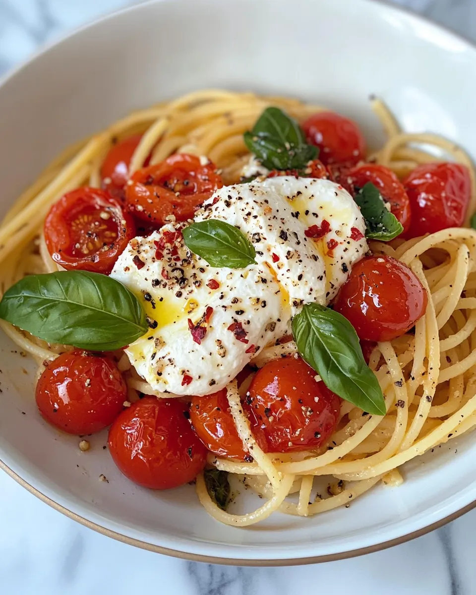 Easy Roasted Tomato Bucatini with Burrata food shot