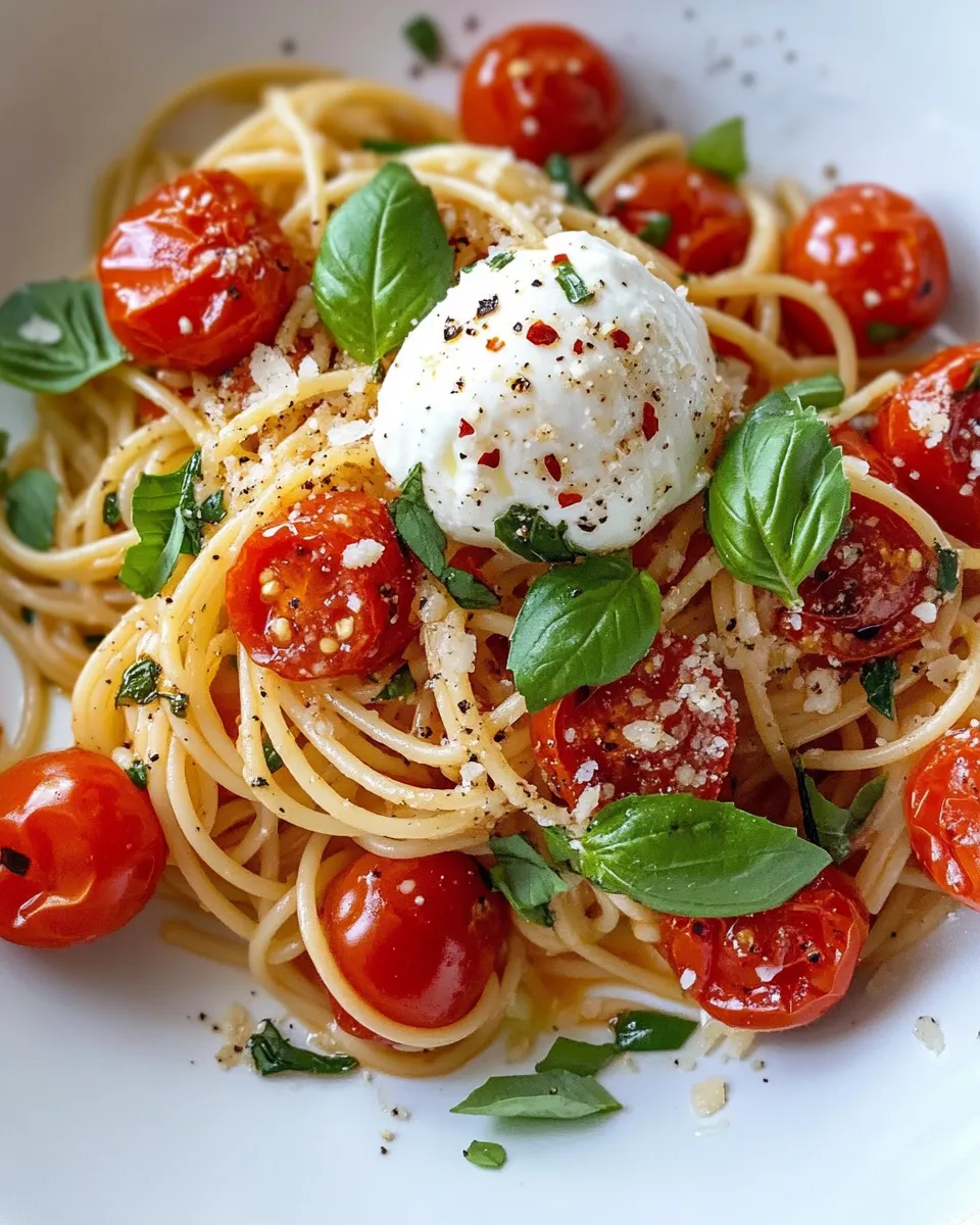 Delicious Roasted Tomato Bucatini with Burrata plate image