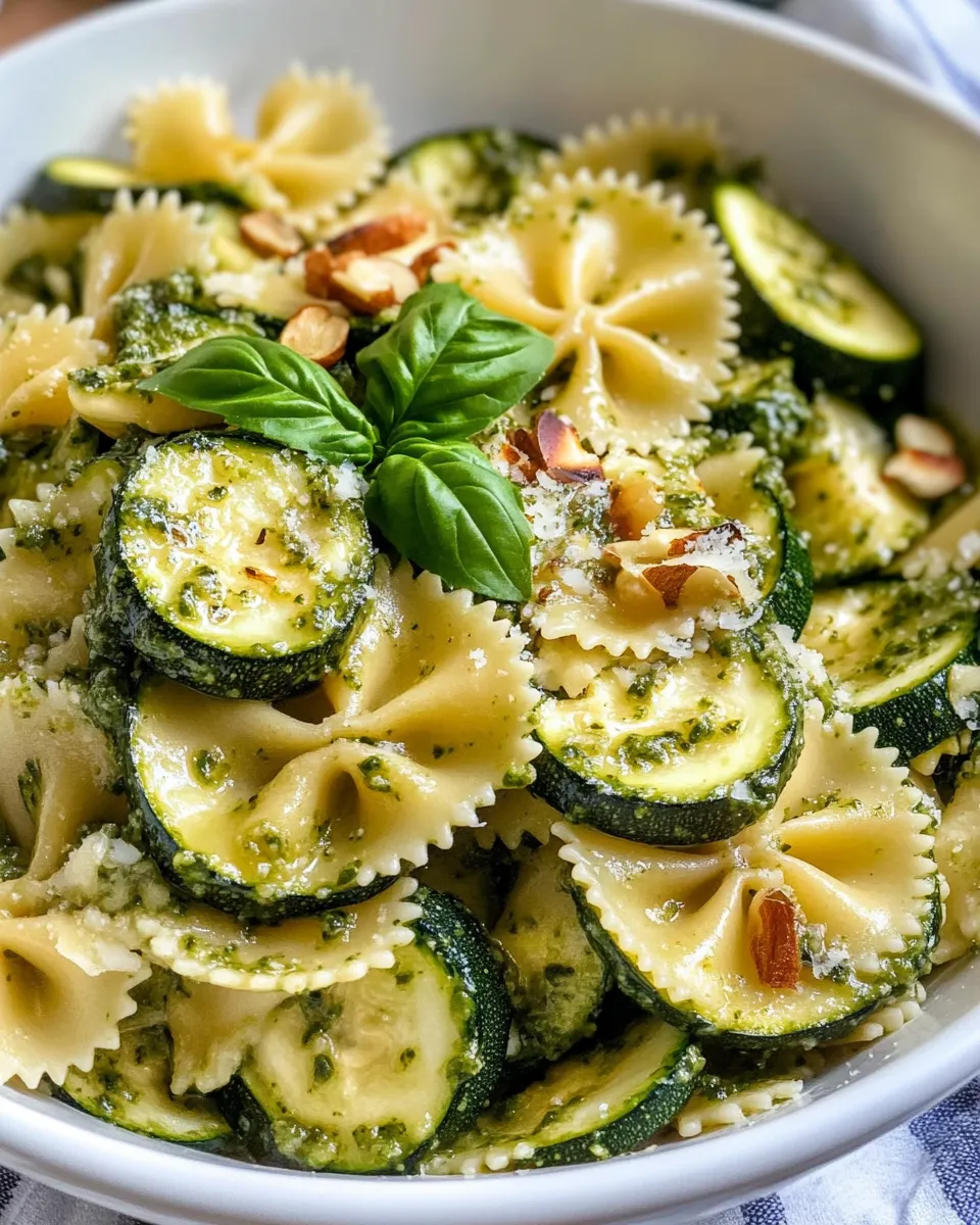 Delicious Roasted Zucchini Basil Pesto Farfalle shot