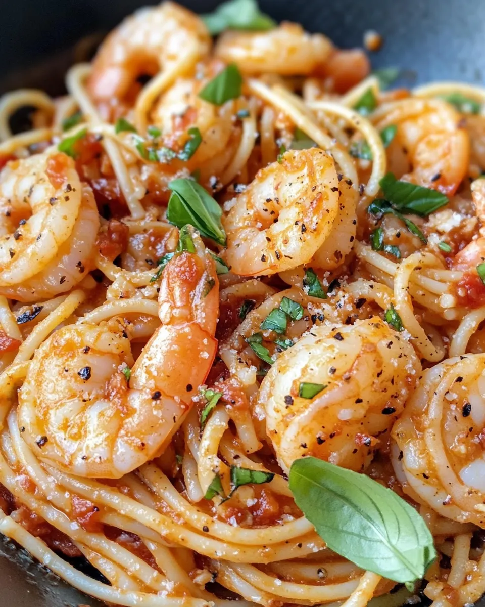 Easy Spicy Arrabbiata Shrimp Spaghetti food shot