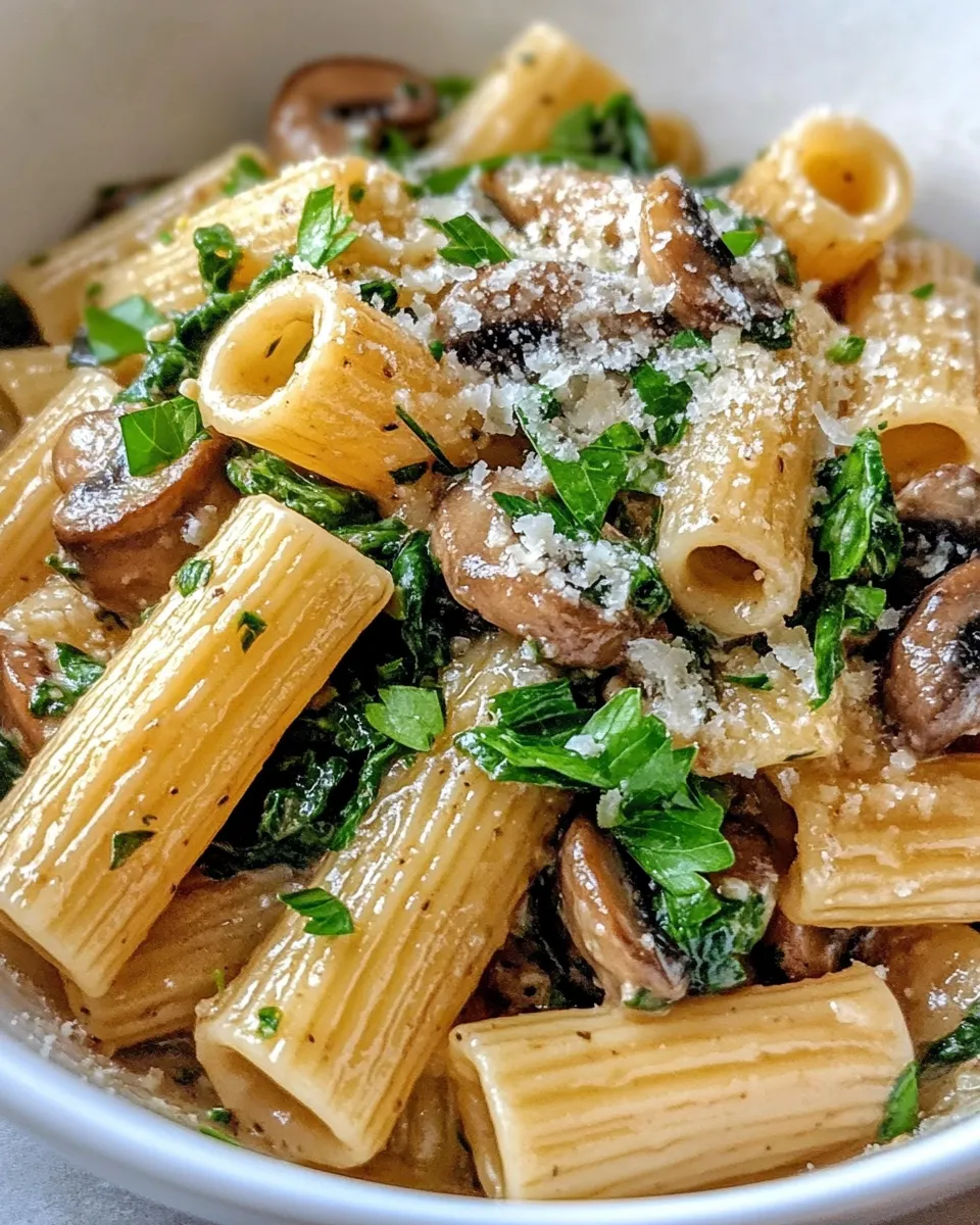 Classic Spinach Mushroom Marsala-Style Rigatoni (no wine) recipe image