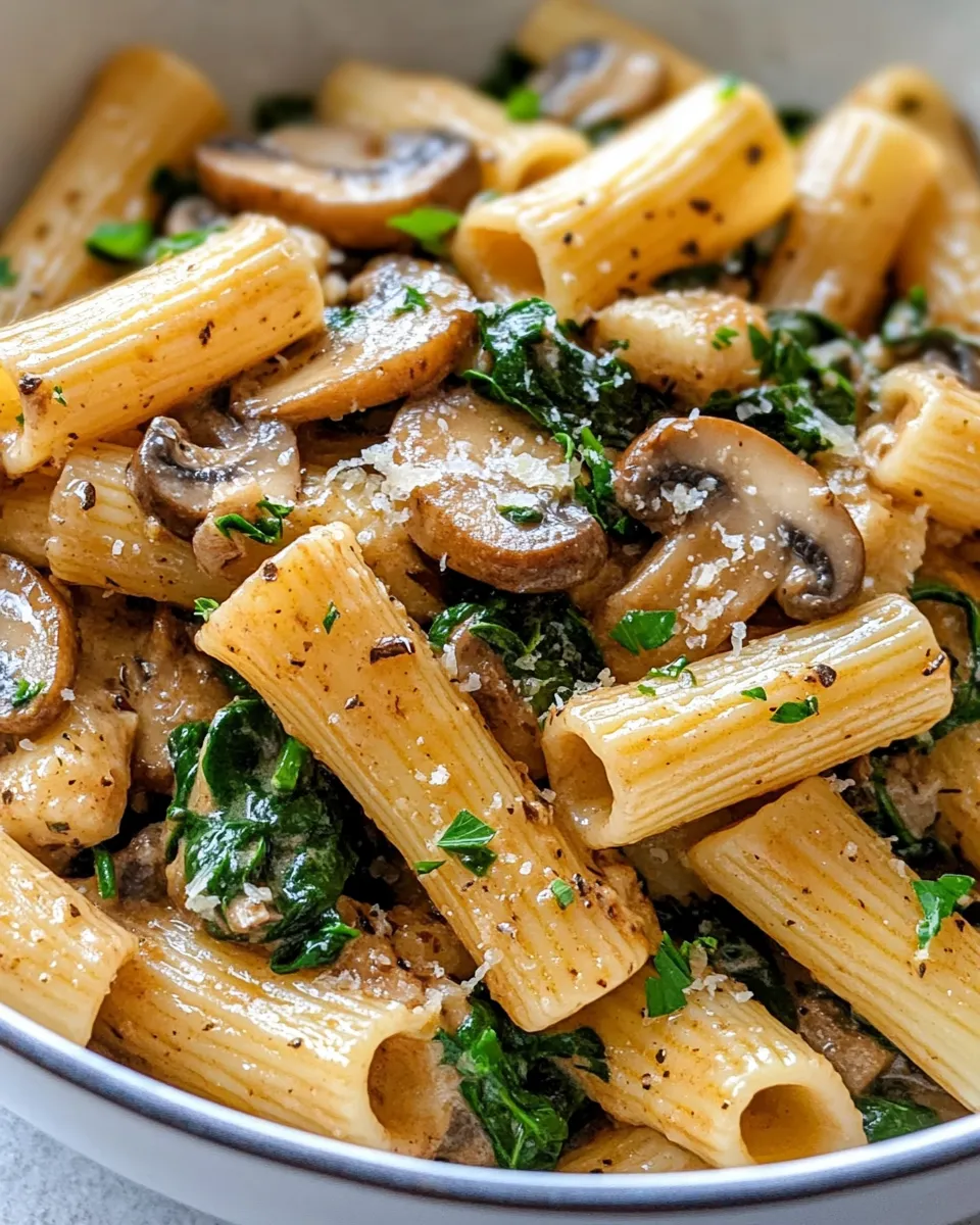 Delicious Spinach Mushroom Marsala-Style Rigatoni (no wine) food shot