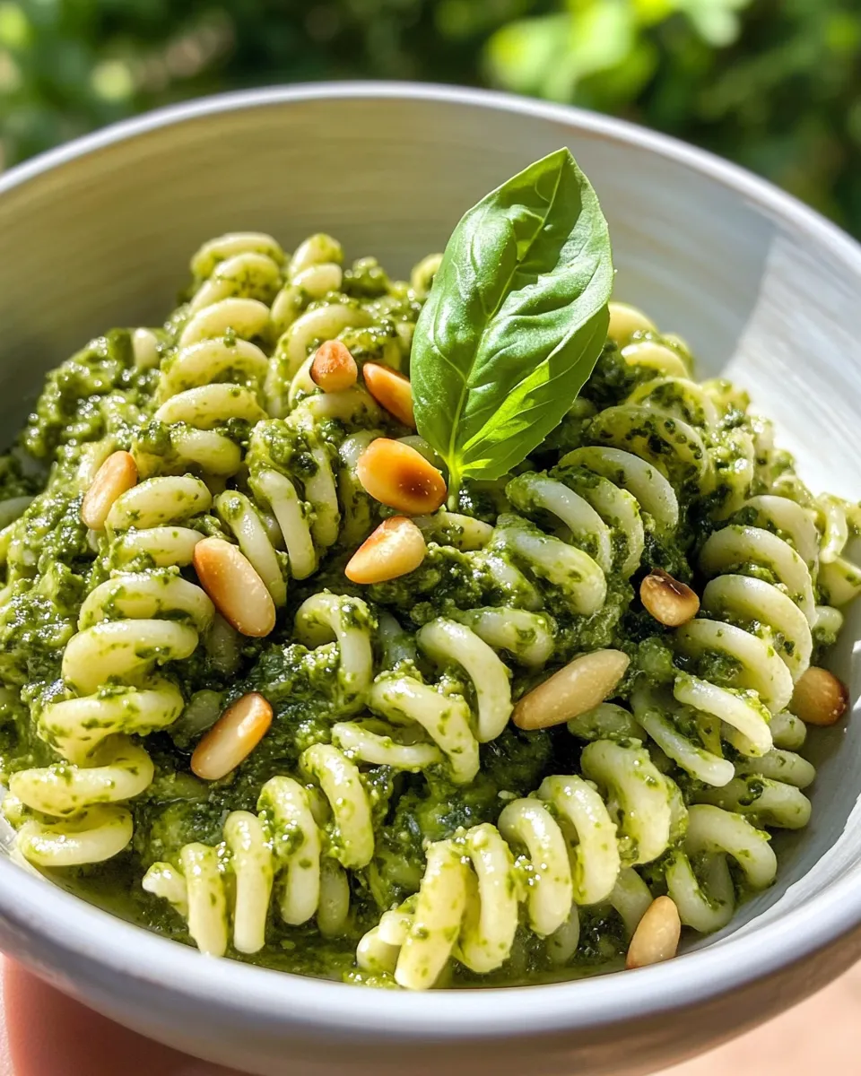 Easy Spinach Pesto Fusilli with Toasted Pine Nuts food shot