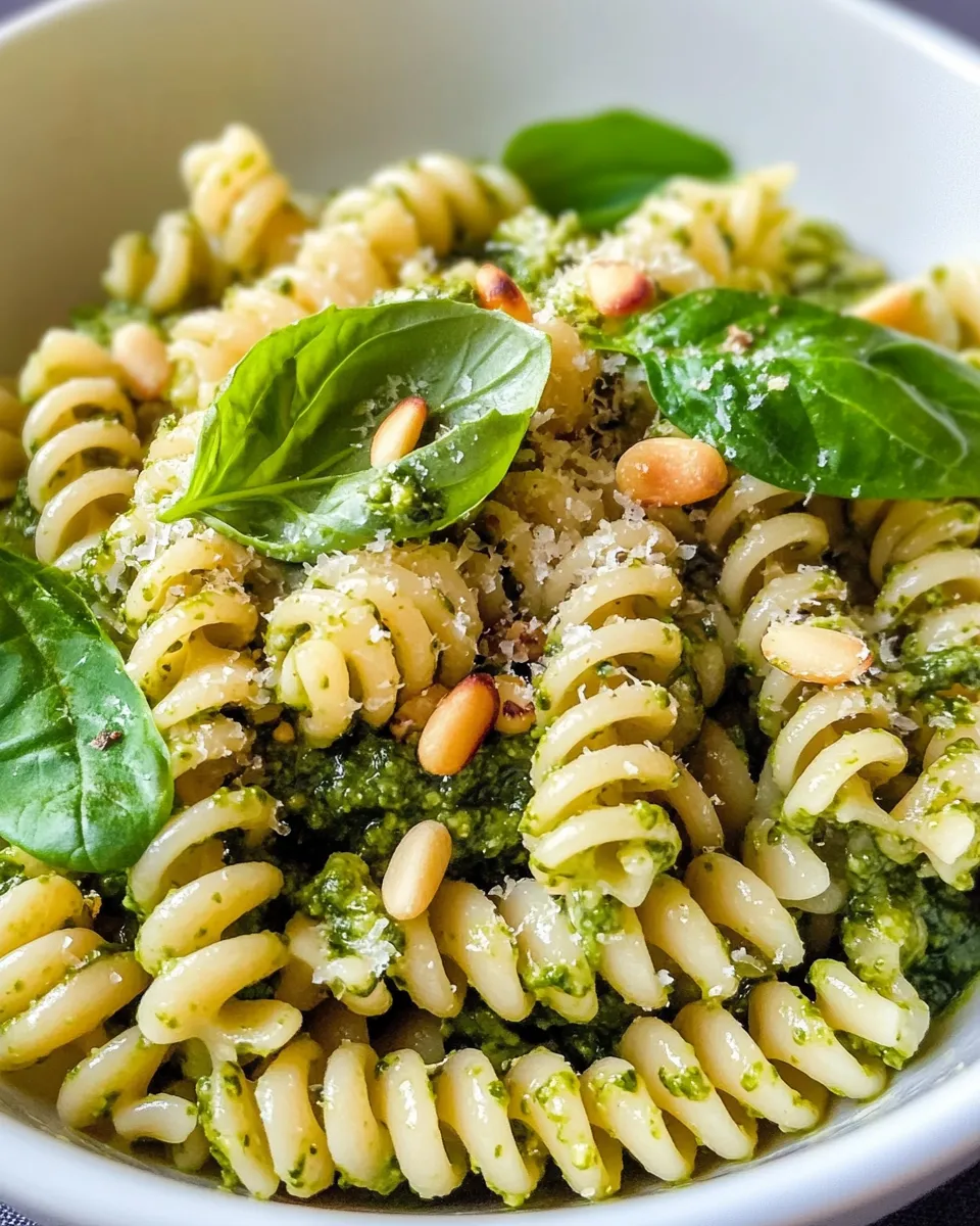 Delicious Spinach Pesto Fusilli with Toasted Pine Nuts plate image