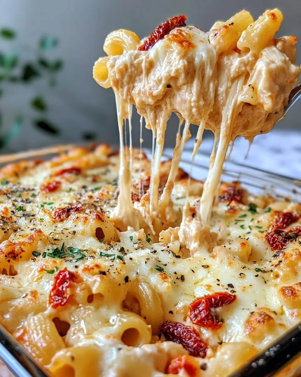 Easy Sun-Dried Tomato Baked Mac with Mozzarella Pulls food shot