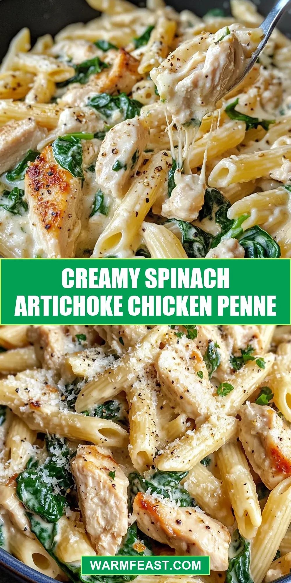 The Best Creamy Spinach Artichoke Chicken Penne Ever
