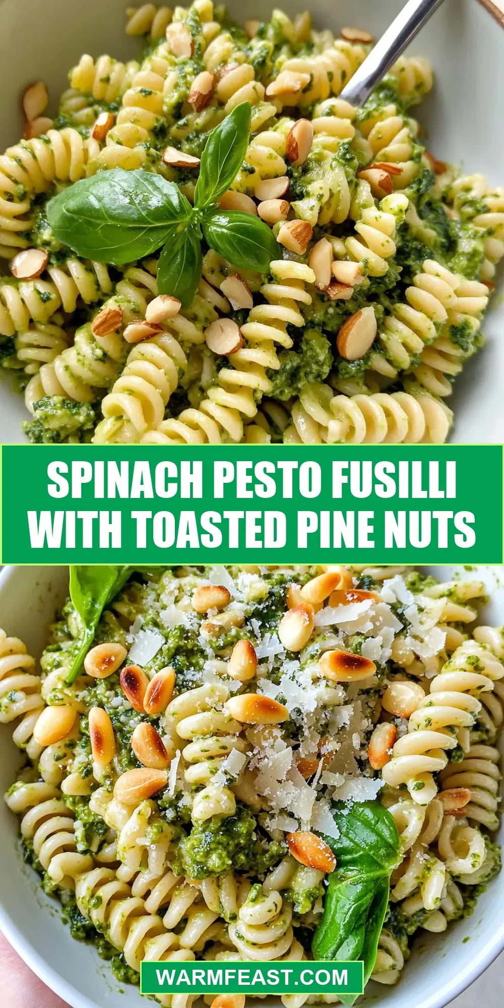 Simple Spinach Pesto Fusilli With Toasted Pine Nuts