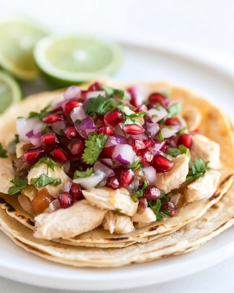 Delicious Honey Ginger Chicken Tostadas with Pomegranate Lime Salsa. photo