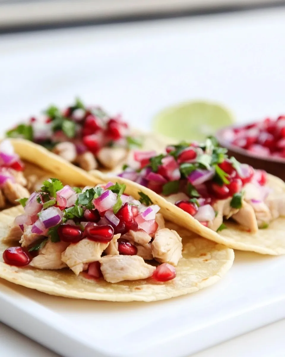 Savory Honey Ginger Chicken Tostadas with Pomegranate Lime Salsa. recipe image