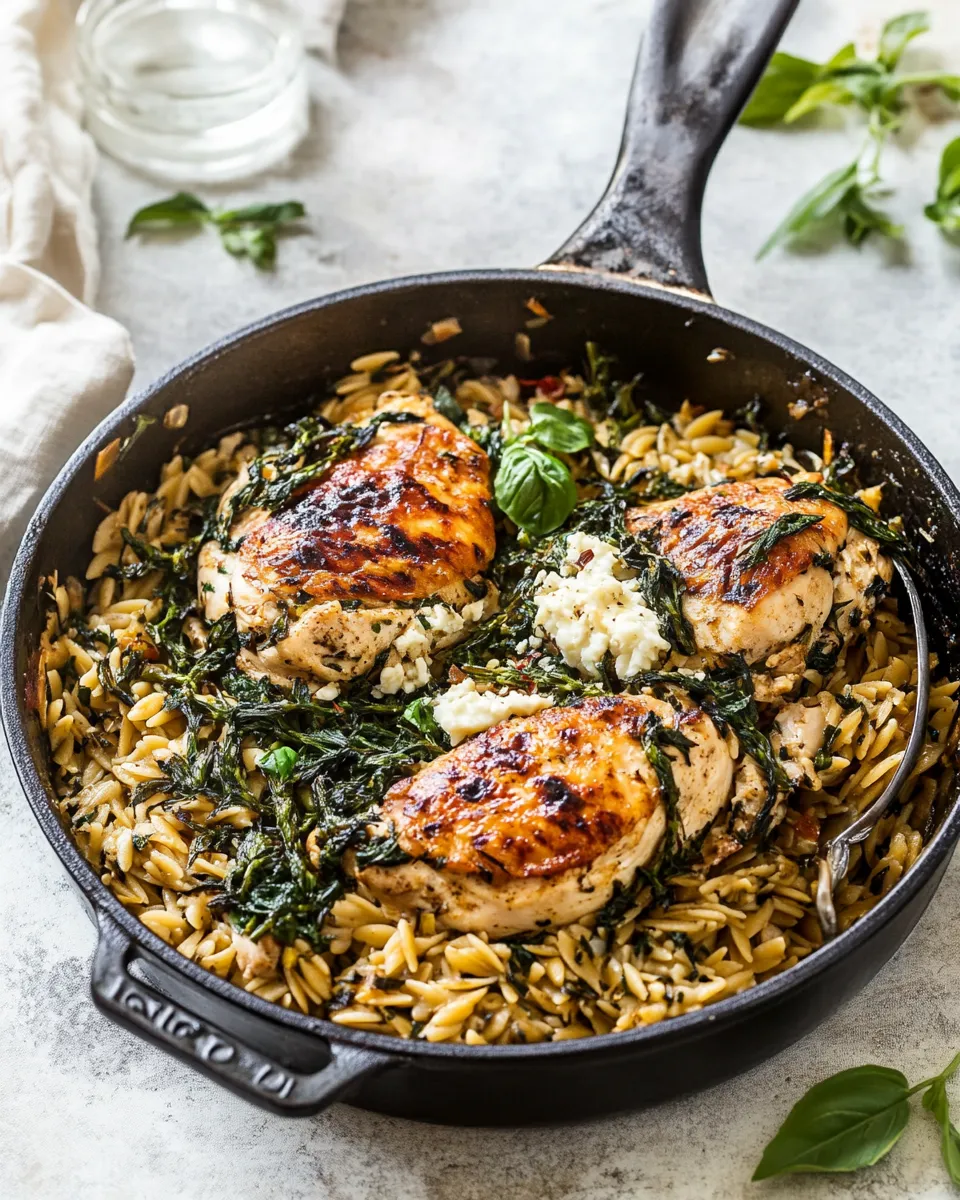 Easy One Skillet Goat Cheese Stuffed Chicken and Orzo. photo
