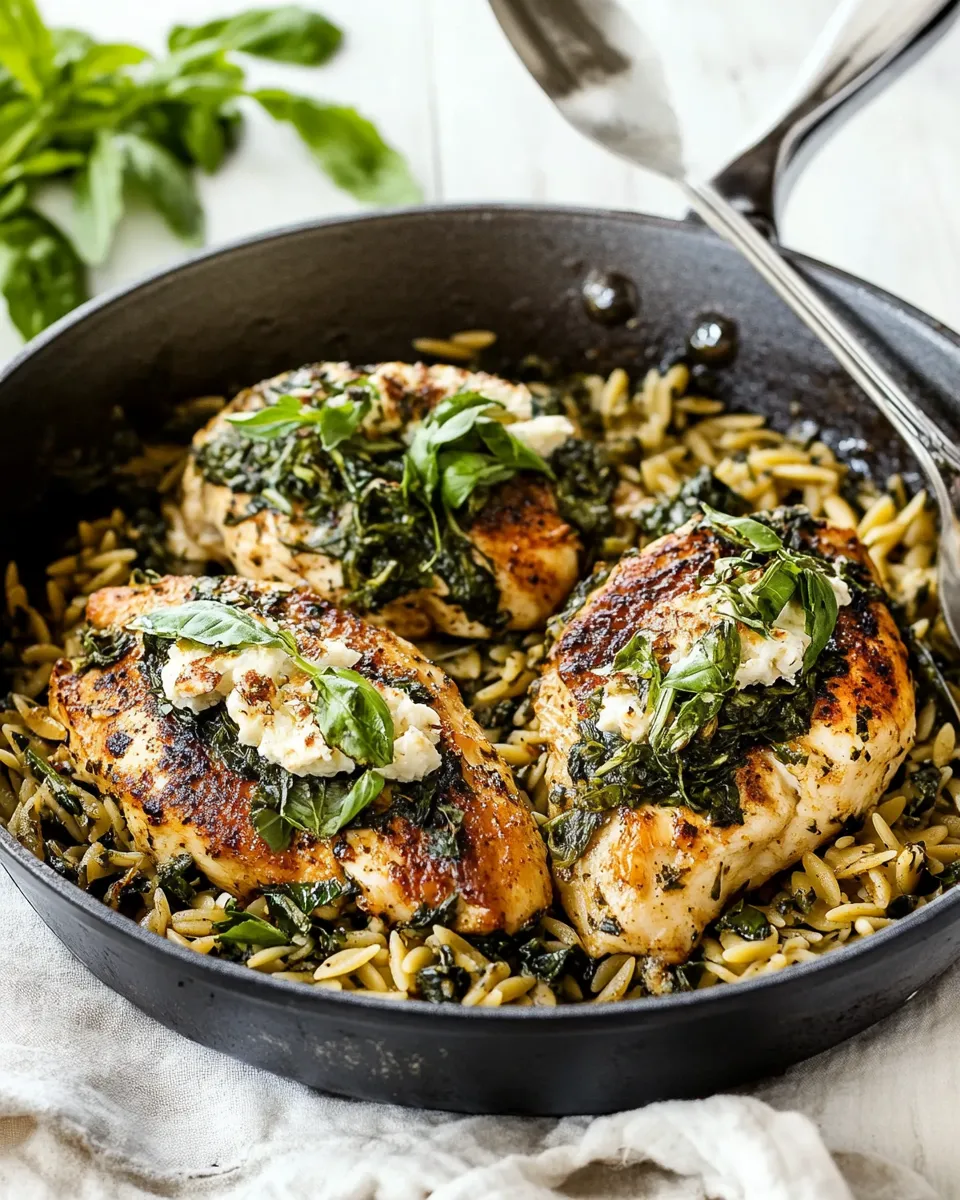 Delicious One Skillet Goat Cheese Stuffed Chicken and Orzo. image