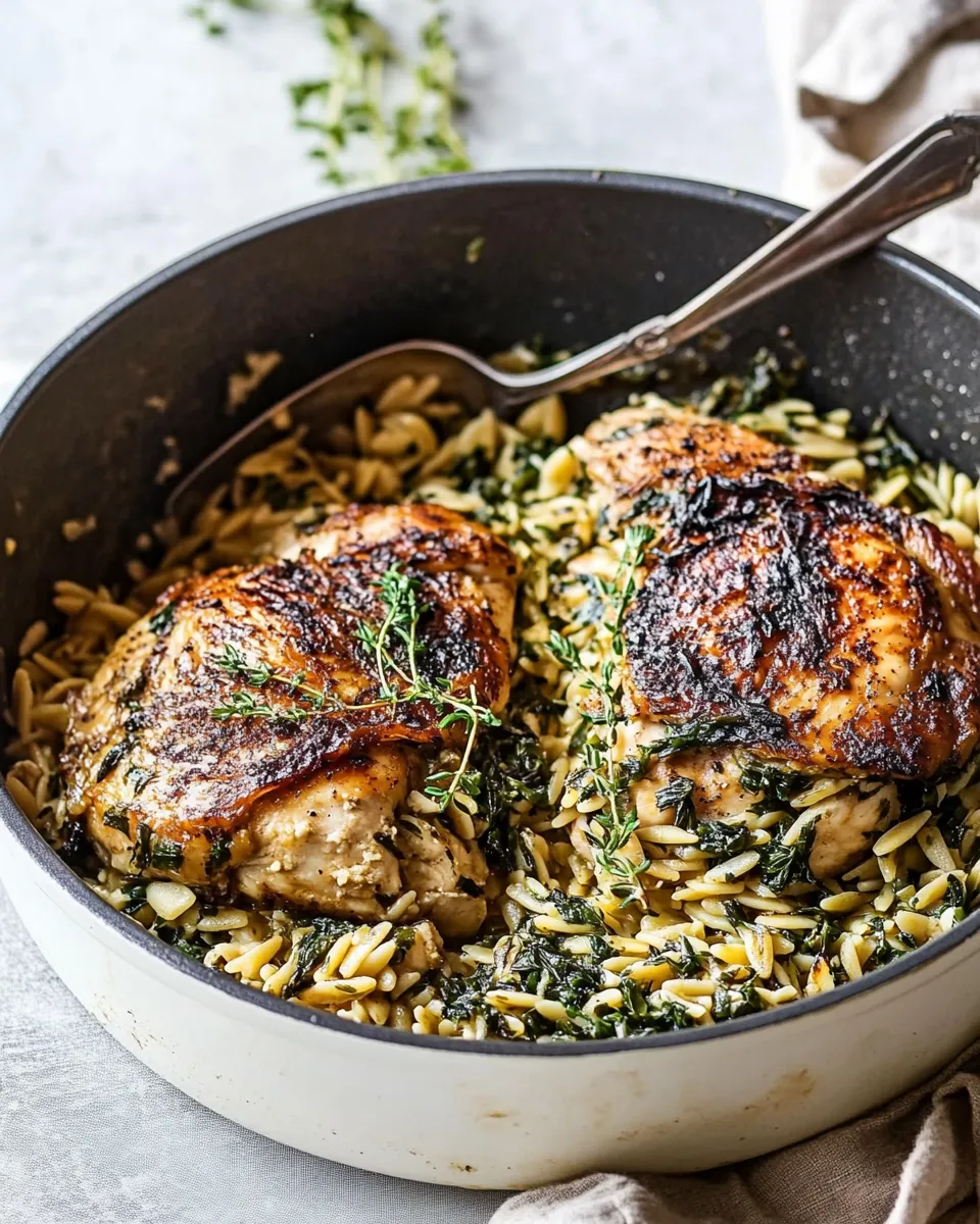 Healthy One Skillet Goat Cheese Stuffed Chicken and Orzo. dish photo