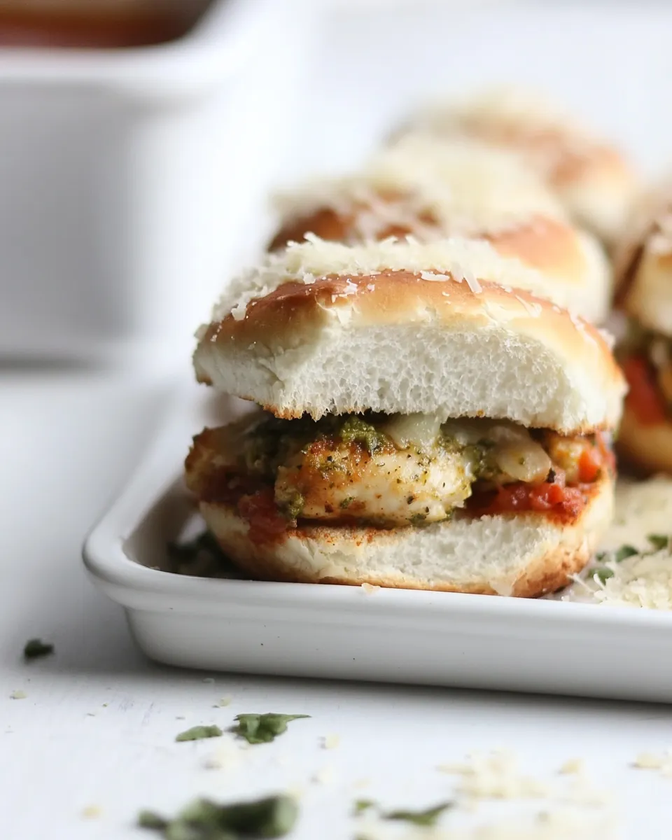 Tasty Pesto Chicken Parmesan Sliders. shot