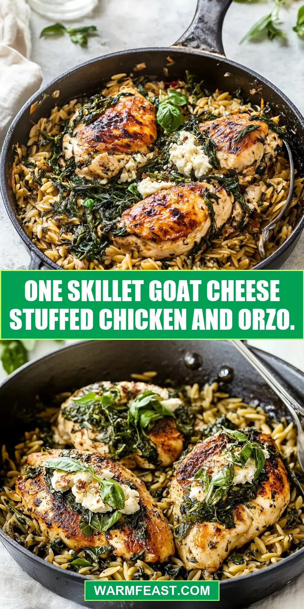 One Skillet Goat Cheese Stuffed Chicken And Orzo. (Creamy & Delicious)