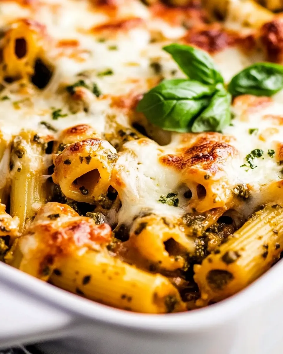 Homemade 4 Ingredient Pesto Baked Rigatoni Recipe shot
