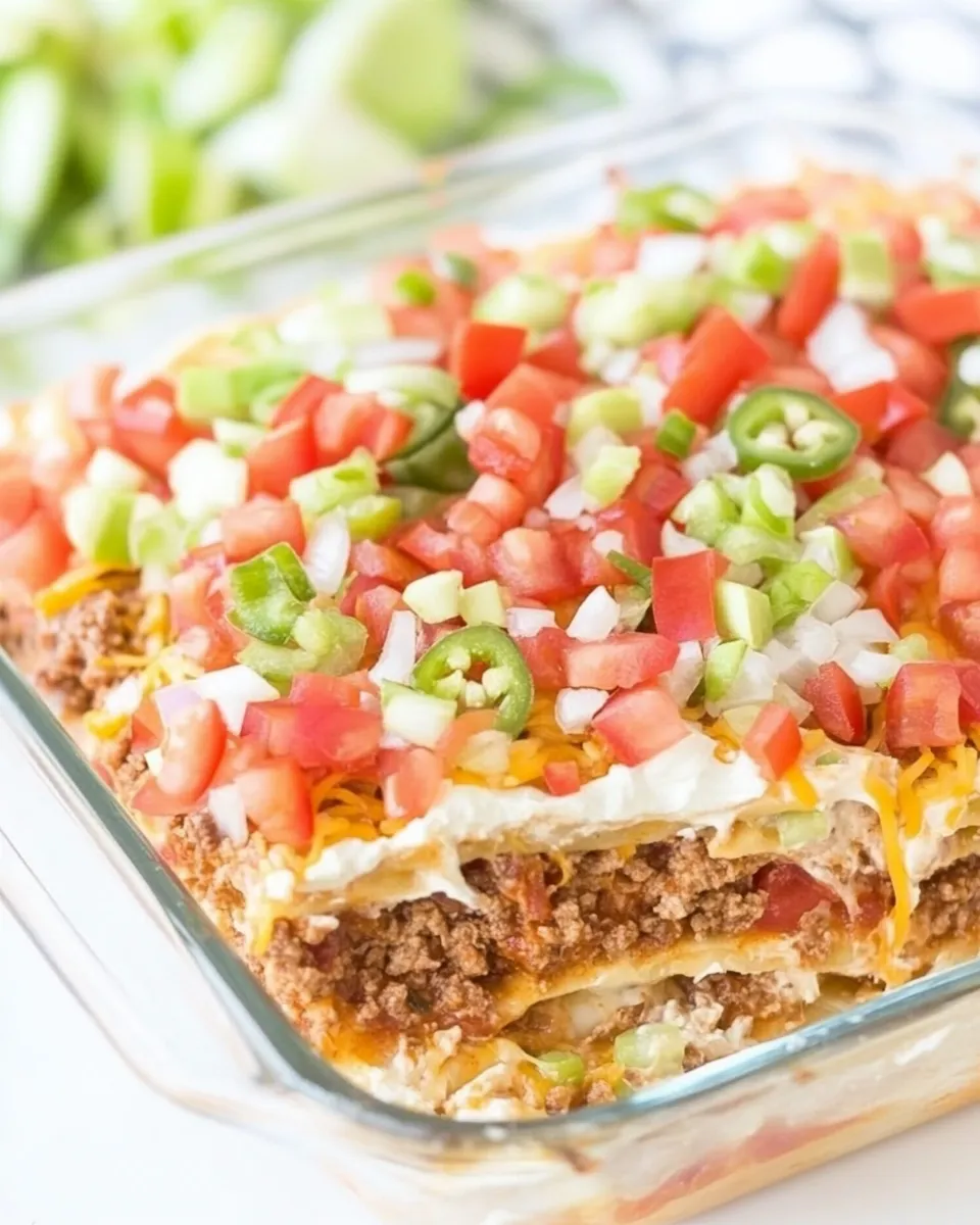 Savory 7 Layer Taco Casserole with Ground Beef dish photo