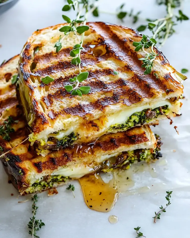 Delicious Artichoke and Broccoli Pesto Brie Panini with Thyme Honey. recipe photo