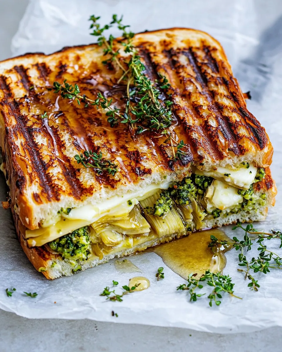 Healthy Artichoke and Broccoli Pesto Brie Panini with Thyme Honey. food shot