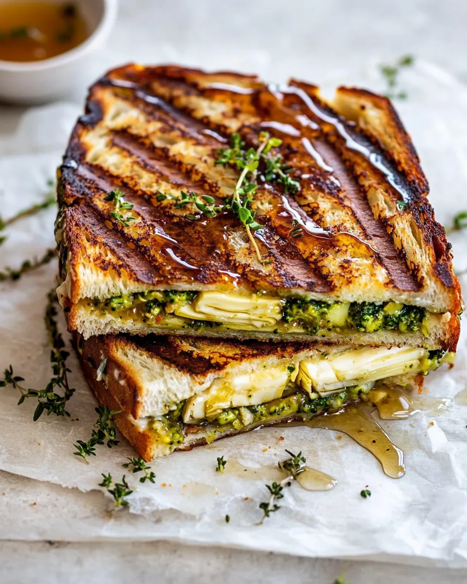 Sweet Artichoke and Broccoli Pesto Brie Panini with Thyme Honey. recipe photo