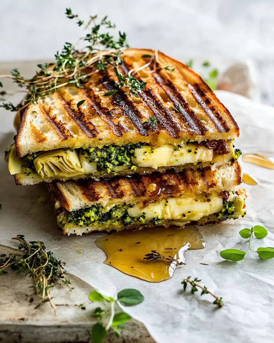 Easy Artichoke and Broccoli Pesto Brie Panini with Thyme Honey. recipe image