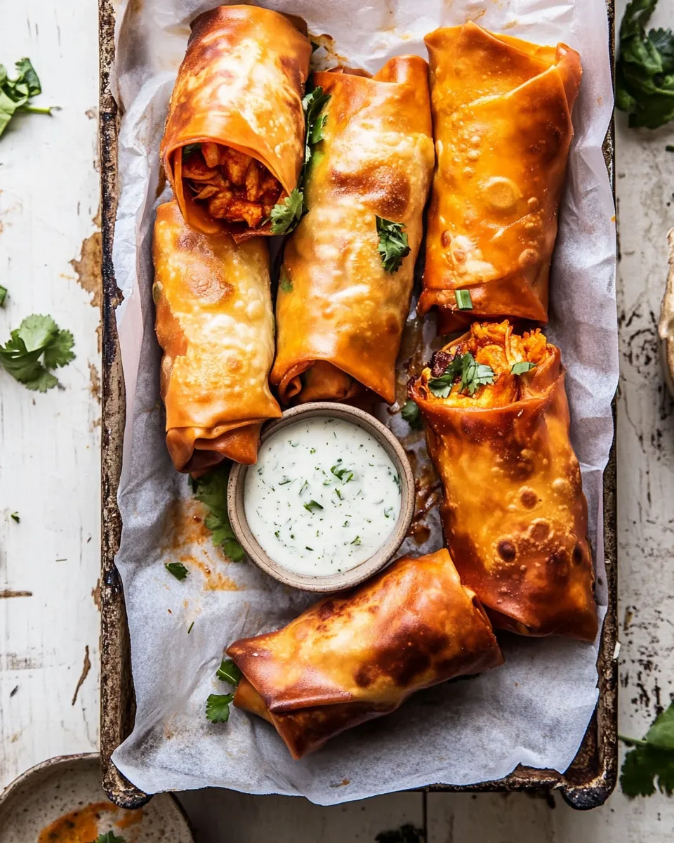 Homemade Baked Buffalo Chicken Egg Rolls with Cilantro Lime Ranch. dish image
