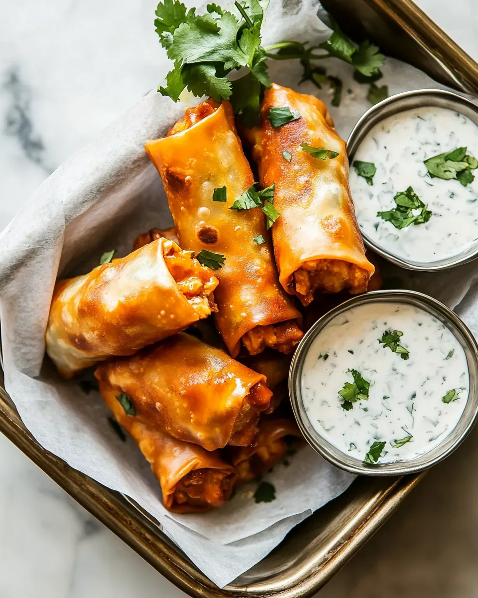 Simple Baked Buffalo Chicken Egg Rolls with Cilantro Lime Ranch. dish image