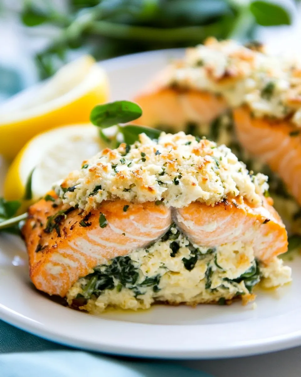 Delicious Baked Salmon Stuffed with Mascarpone Spinach image