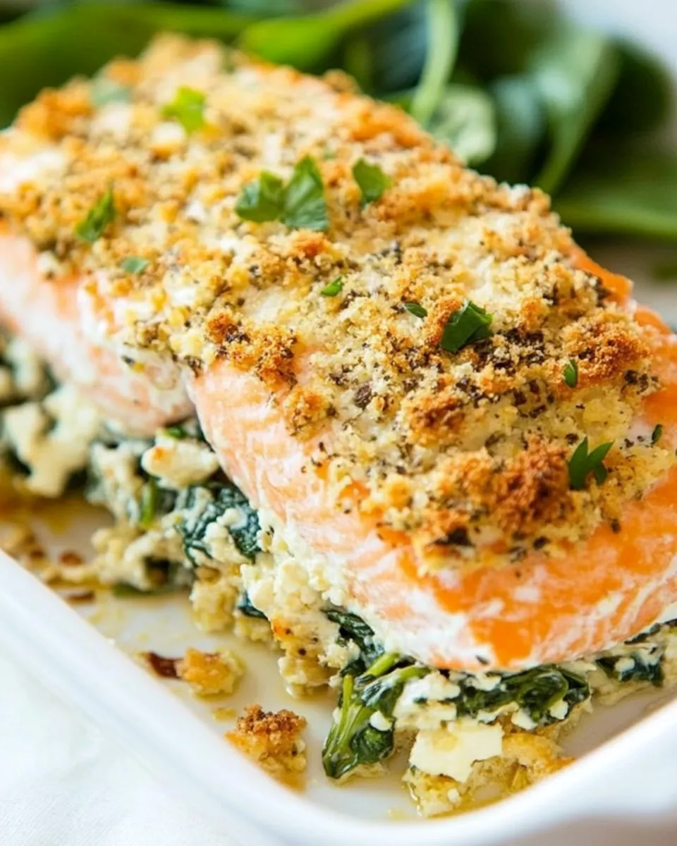 Classic Baked Salmon Stuffed with Mascarpone Spinach shot