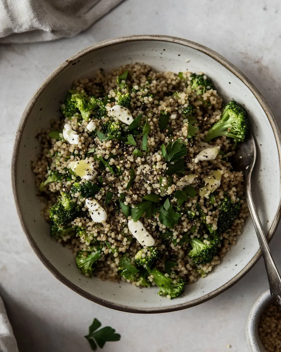 Delicious Broccoli Salad with Couscous and Tahini Dressing shot
