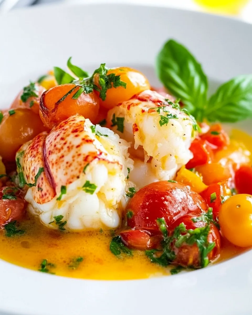 Delicious Butter Poached Lobster with Fresh Tomatoes shot