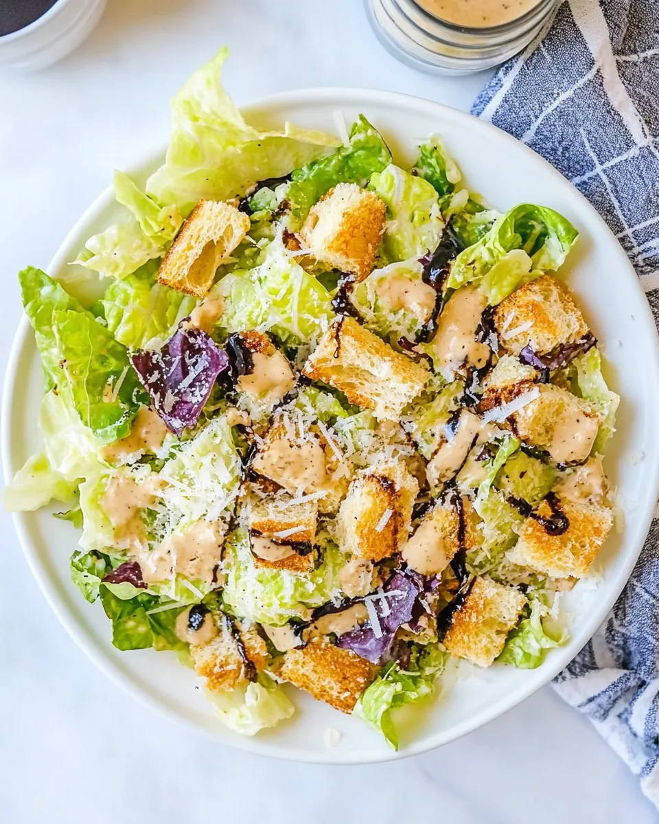 Healthy Caesar Salad with Balsamic Dressing and Parmesan Croutons shot