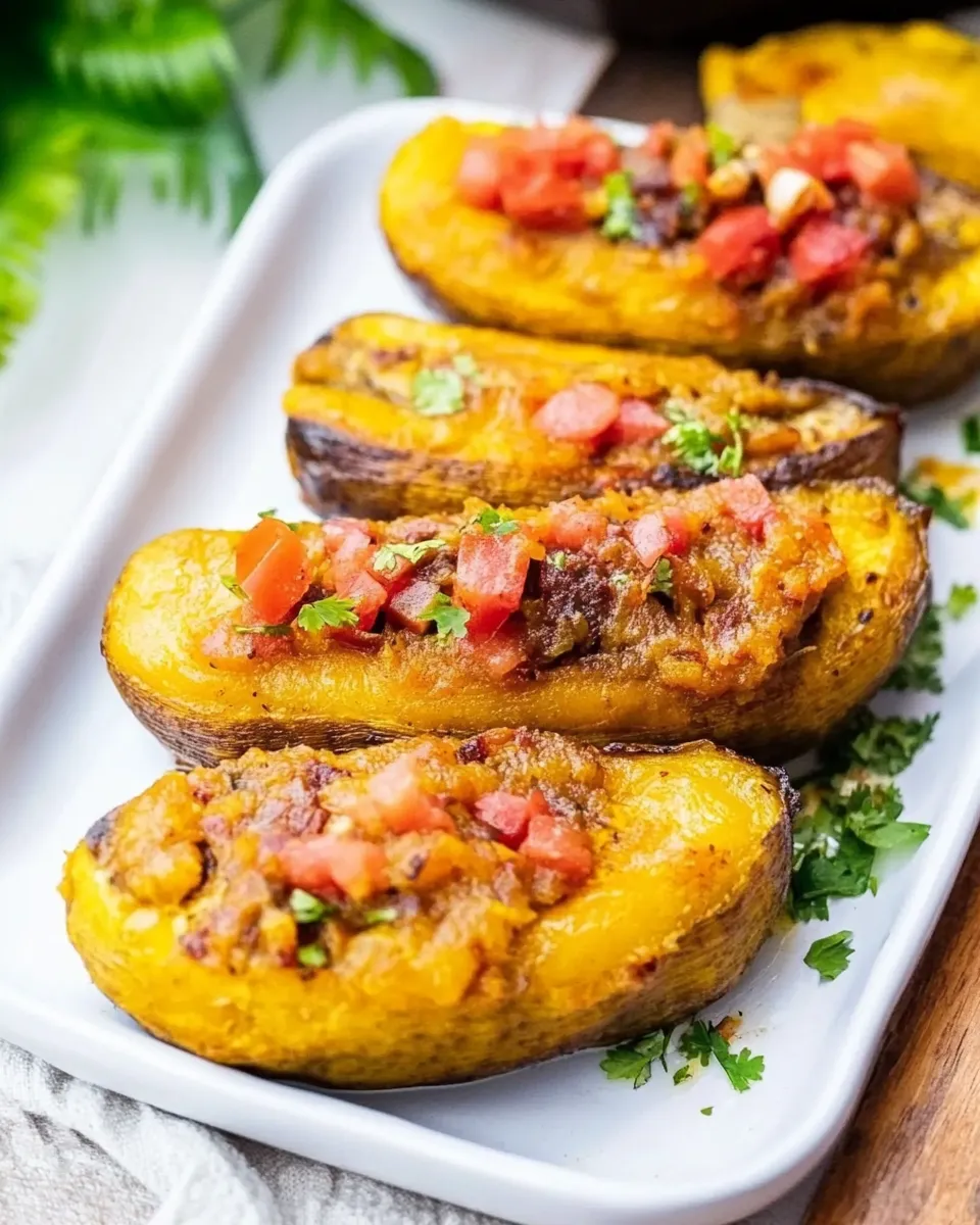 Easy Canoas de Pltano Maduro (Meatless Ripe Plantain Boats) food shot