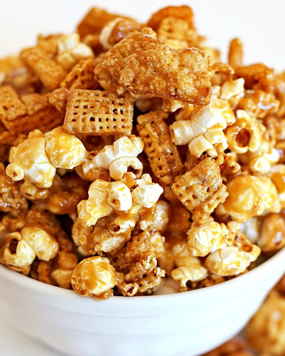 Easy Caramel Popcorn Snack Mix shot