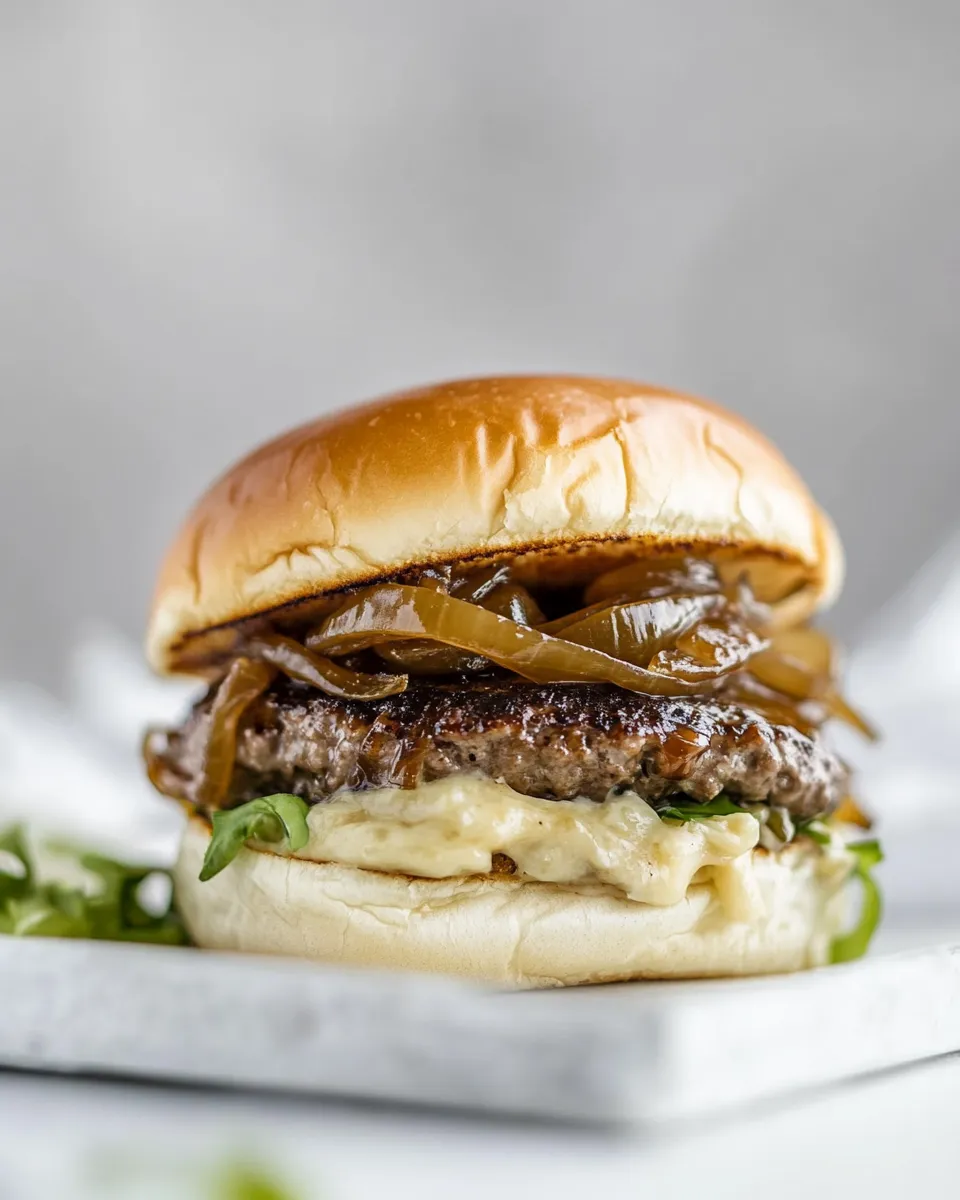 Best Caramelized Onion Smash Burgers. food shot